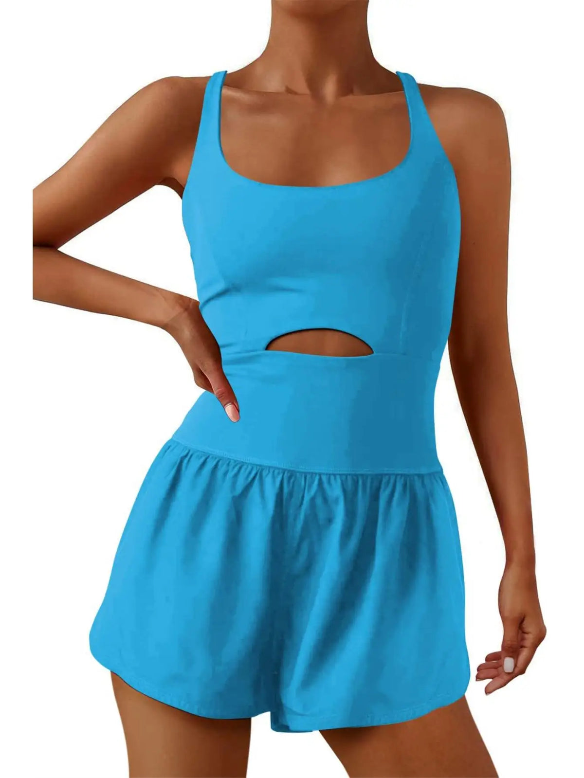 Womens Sleeveless Cross Back Workout Romper With Padded Bra