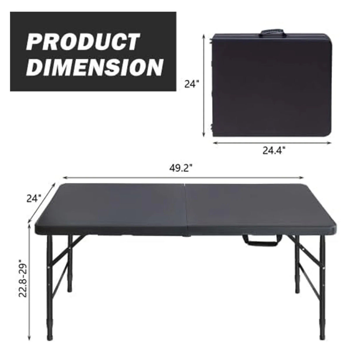 Folding Table 4ft Height Adjustable Heavy-Duty Plastic 300lb Steel Frame | Portable Foldable Table with Carry Handle,Anti-Slip Feet,Waterproof & Easy to Clean,300LBS Weight Capacity for Indoor Outdoor