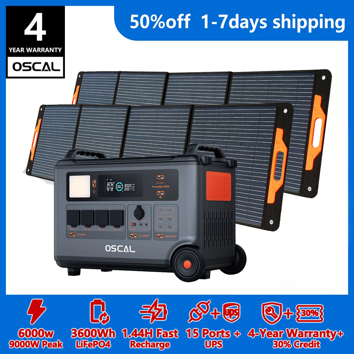 OSCAL PowerMax 6000 Whole Home Solar Generator,3600Wh LiFePO4 | 6000W (9000W Surge) | 1.96 H Charge | 240V/120V DC/AC Bi-Directional Inverter | for Home Emergency, Outdoor Camping，Hurricane Backup