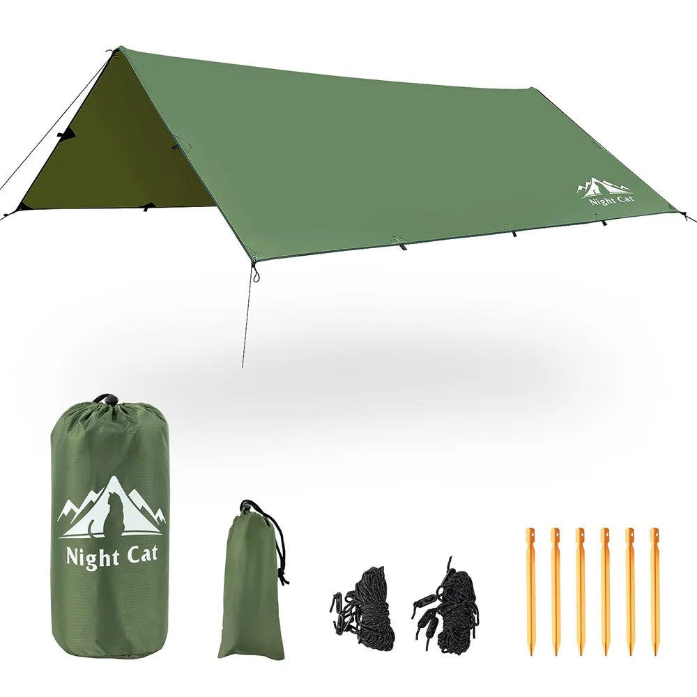 Night Cat Camping Tent Tarp Hammock Rain Fly Sunshade Shelter Tarp Waterproof Portable Lightweight for Outdoor Backpacking Hiking 12x10 ft