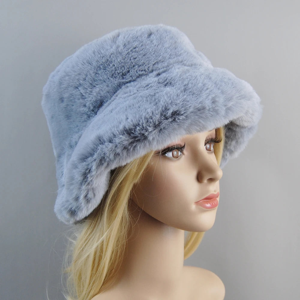 2025 New Style Fake Rabbit Fur Hats Super Soft Women Winter Hat Cotton Lining Warm Russian Fashion Ski Beanies Plush Solid Color