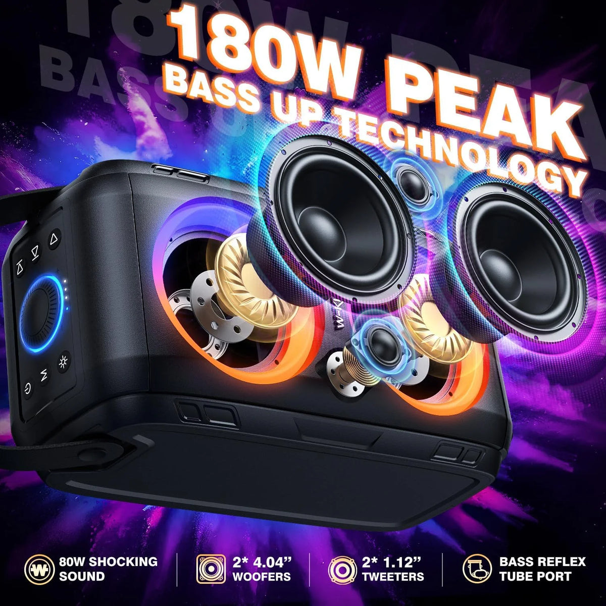 W-King Portable Bluetooth Party Speaker With Subwoofer And USB Playback