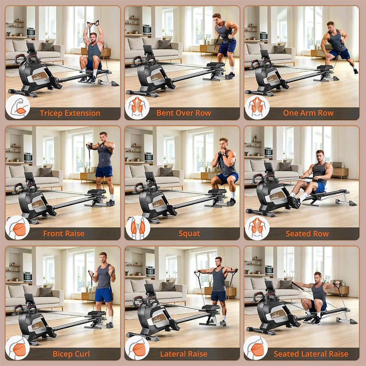 Pooboo Rowing Machine for Home, Foldable Magnetic Rowing Machine,14 Levels Quiet Resistance, Rower Machine with 350 LB Weight Capacity, Comfortable Padded Seat