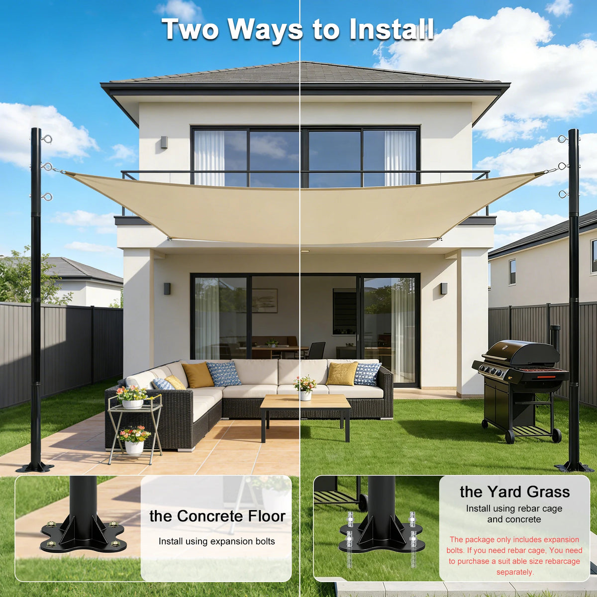 2 Pack 12ft Heavy Duty Metal Shade Sail Poles ，(Shade Sail not include）Rust-Resistant Adjustable Outdoor Support Post Kit for Patios Courtyards Backyards Gardens