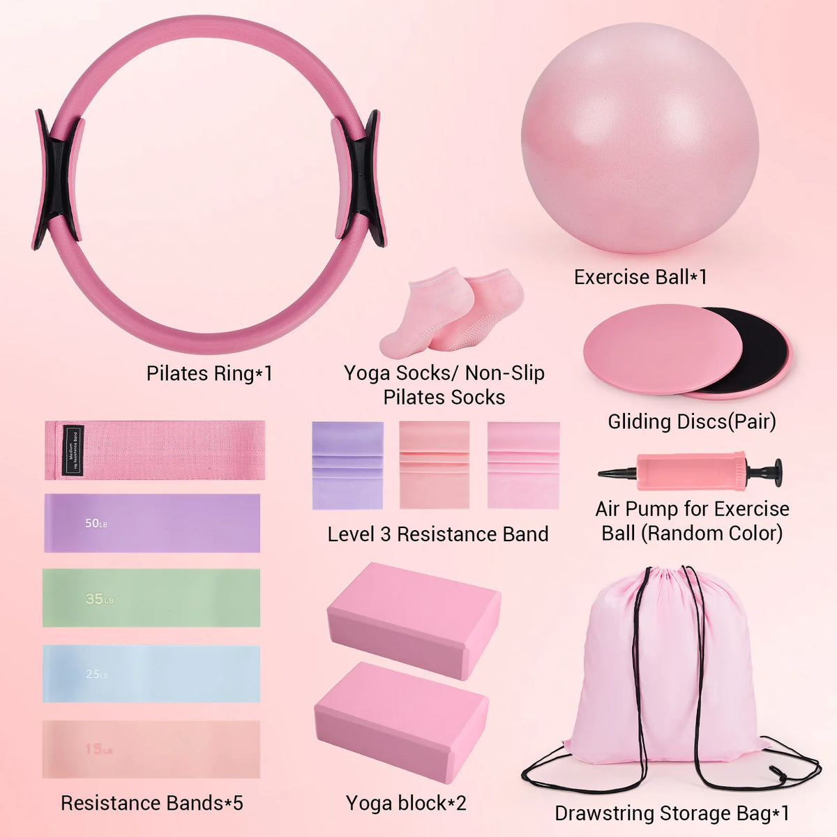 17-in-1 Pilates Ring Kit, Pilates Circle Set for Home Workouts, 9.8" Non-Slip Mini Ball, Adjustable Resistance Bands, Yoga Blocks, Gliding Discs, Full-Body Core Strength Balance & Flexibility