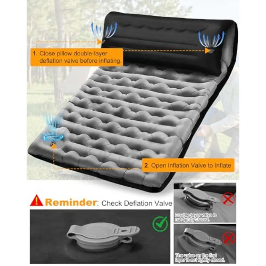 Camping double sleeping pad, self-inflating foam and polyester, gray, 5.9-inch thickness with built-in pillow and foot pump for