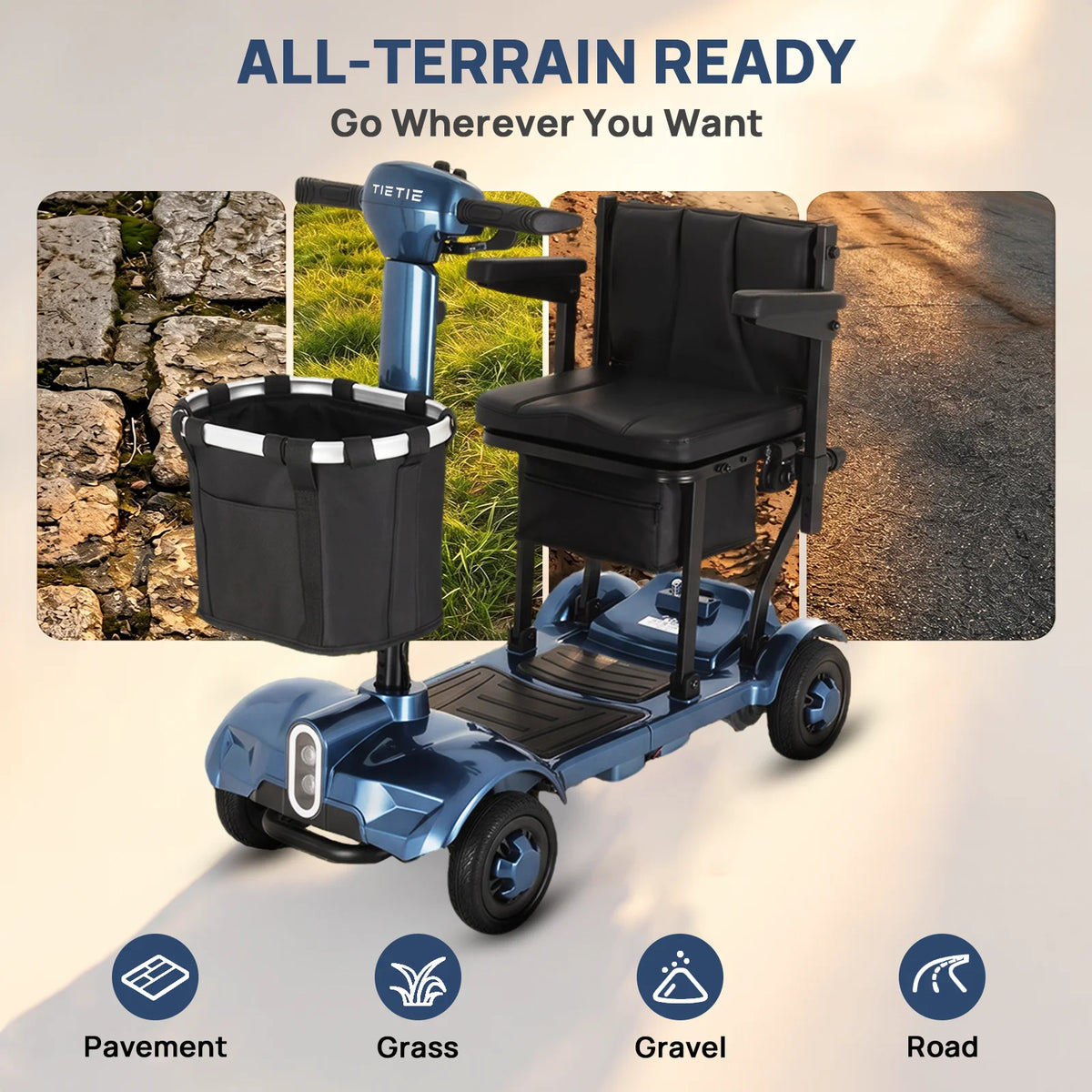 X17 4 Wheel Folding Electric Elderly Mobility Scooter 270W Motor 24V 10.4Ah Lithium Battery 10Miles Range 5MPH 12°Climbing Solid Tires Anti‑tip Wheels LED Light For Seniors Disabled Adults