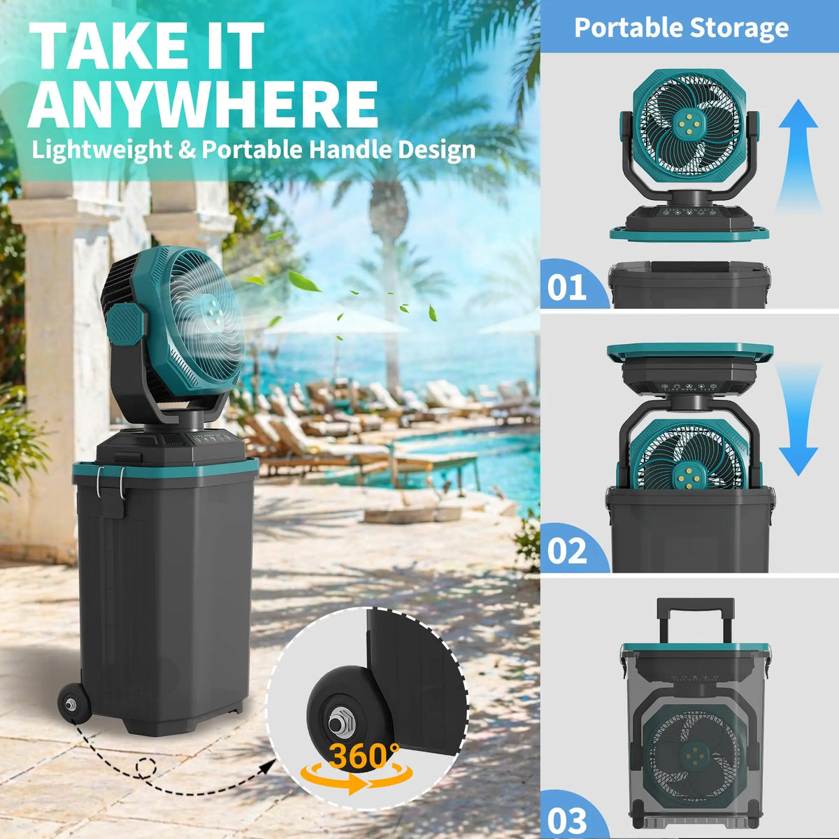HiMISS Portable Rechargeable Misting Bucket Fan With Remote And Wheels