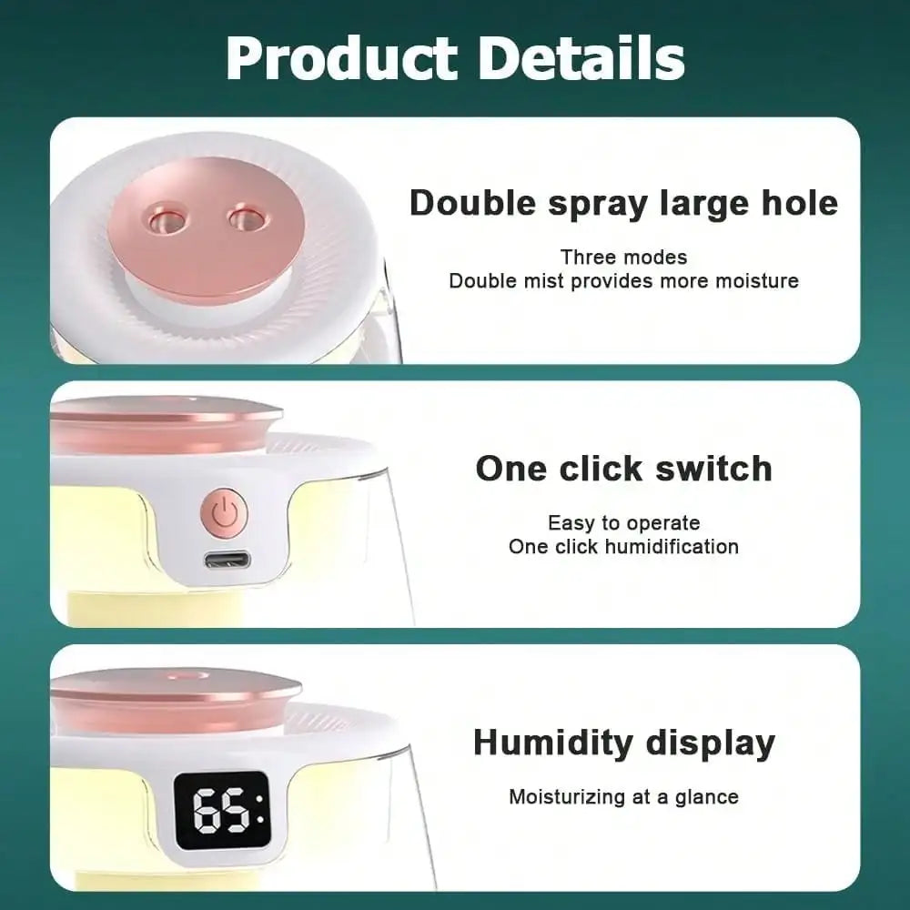 Double Spray Humidifier,1L Silent USB Digital Display Humidifier With 2 Mist Modes & Night Light For Car Office Home Room