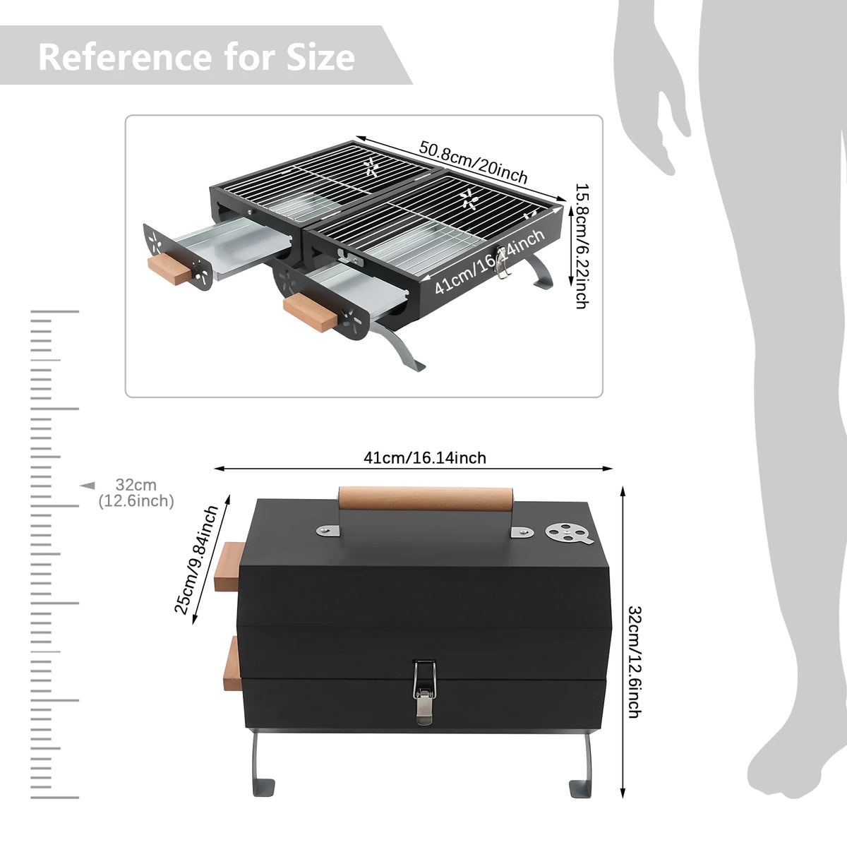 Portable Charcoal Grill, Tabletop Outdoor Barbecue Grill, Double-Sided Folding BBQ Grill for Camping Picnics