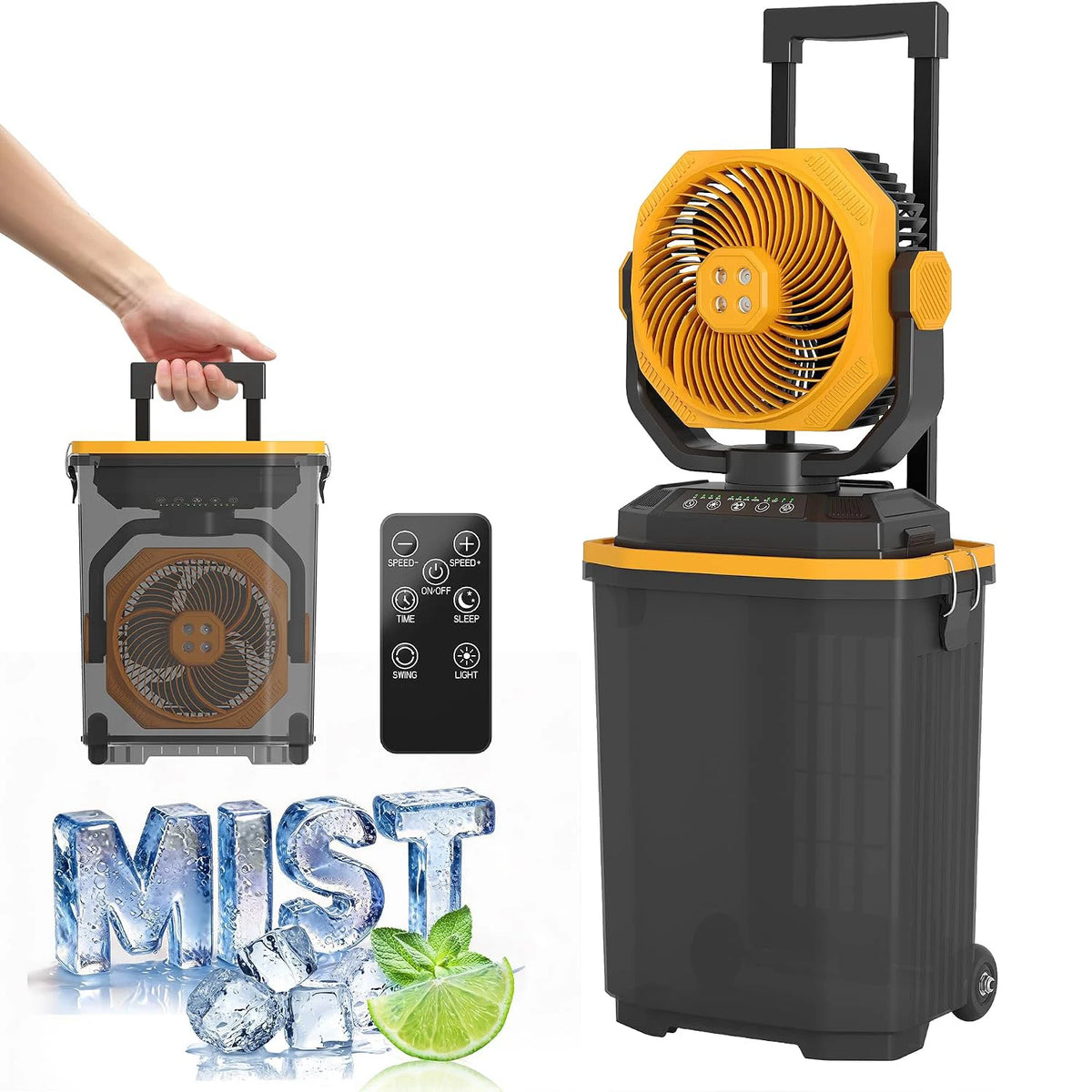 HiMISS Portable Rechargeable Misting Bucket Fan With Remote And Wheels