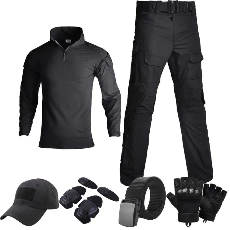 Men's G3 Frog Tactical Suit Combat Shirt Pants Set Camo Black Military Style Uniform with Knee Pads Gloves for Hunting Hiking