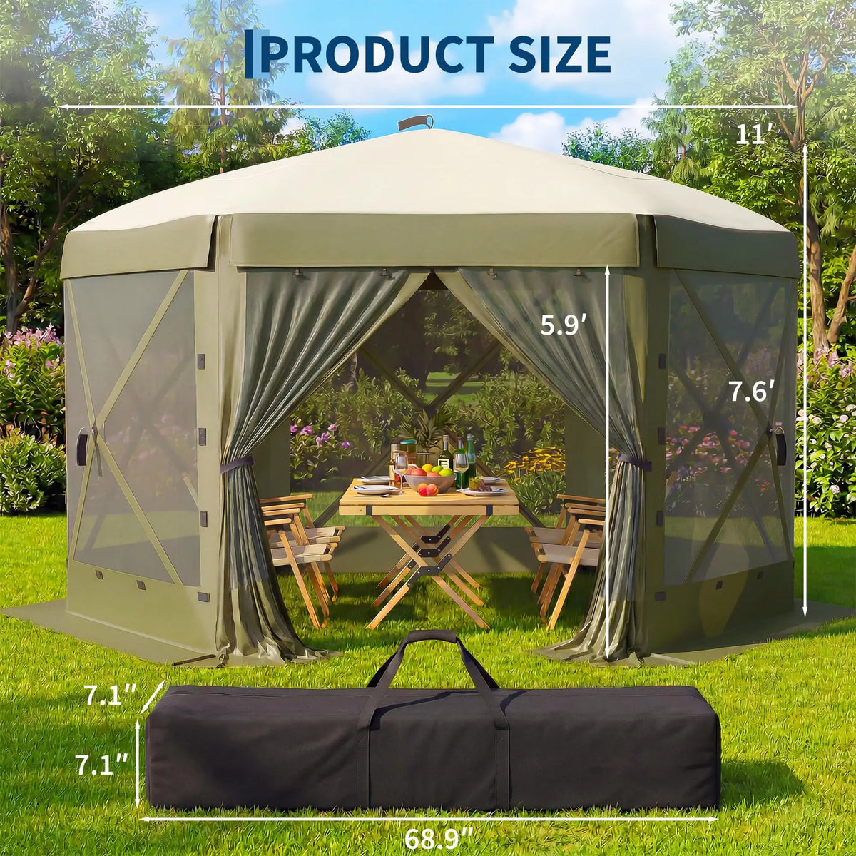 Spacious 8x8FT 11x11FT 12x12FT 6-Sided Pop-Up Shelter Screen Tent – Mesh Panels, Portable Hexagon Bug Shelter for Camping, Backyard, Patio – Easy Setup