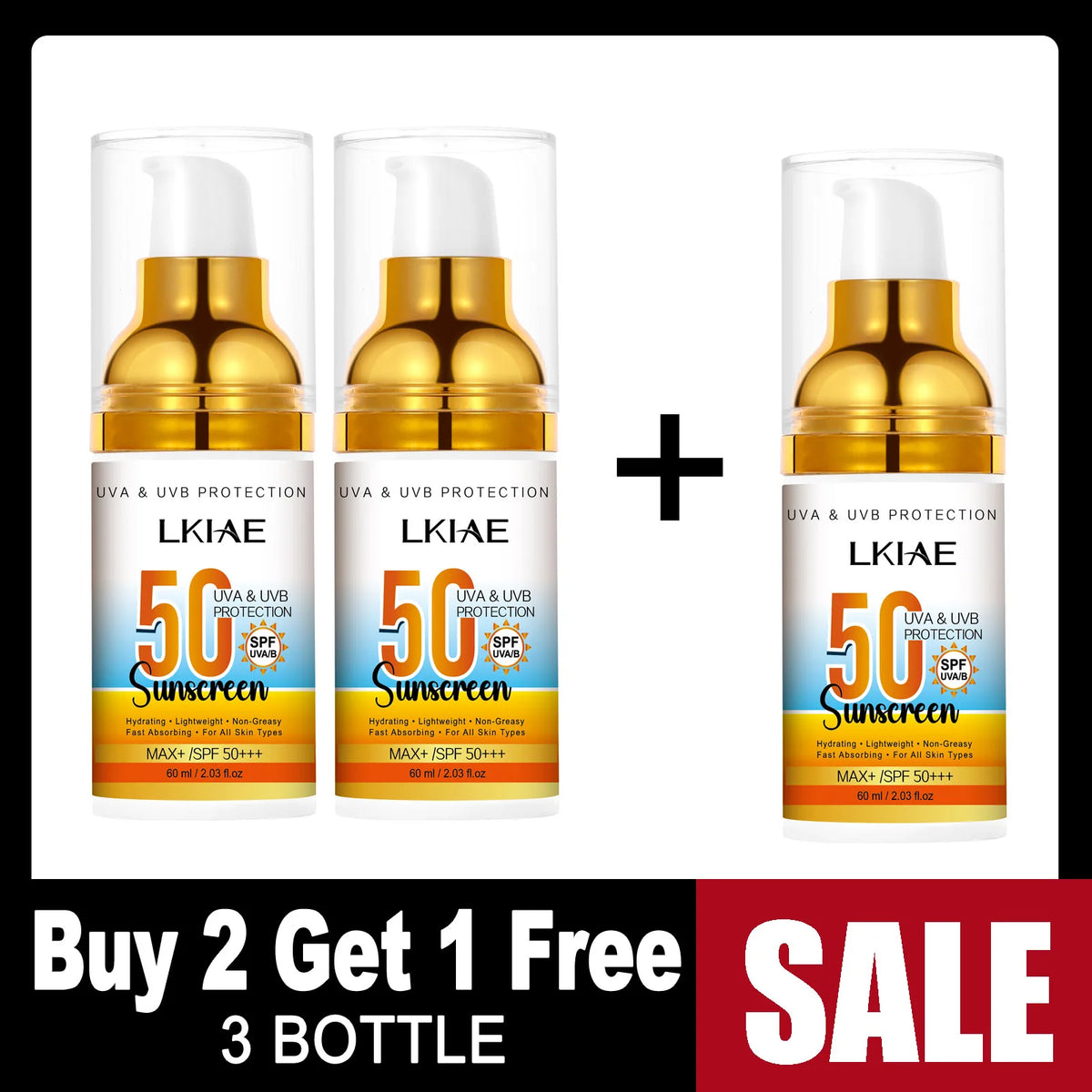 LKIAE Spf 50+ Sunscreen, UVA, UVB Protection, Prevent Sunburn, Skin Darkening, Pigmentation, Anti-Wrinkles, With Aloe Vera