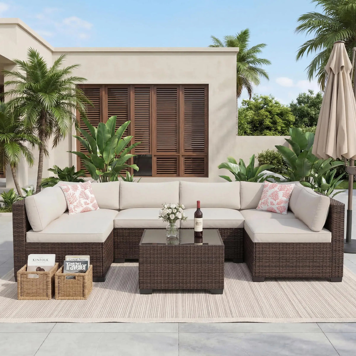 7-Piece Outdoor Patio Furniture Sectional Sofa Set With Ottoman & Storage Table, PE Wicker Conversation Set Poolside Backyard