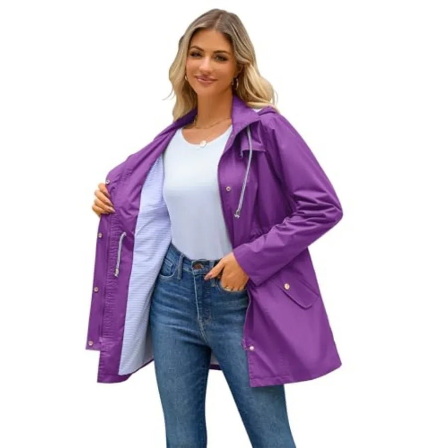 Women's Lightweight Waterproof Hooded Lined Raincoat For Outdoor Use